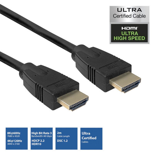 Cable HDMI Ultra High Speed A M-M 48Gbps 8K Certificado de 2 mts AWG30 ACT