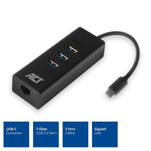 Hub USB 3.2 Gen 1 CM -> 1000Tx RJ45H + 3x AH Mini Negro ACT