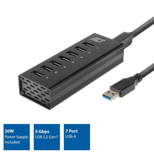 Hub USB 3.2 Gen 1 AM -> 7x AH Negro con interruptor + Alimentador opcional ACT