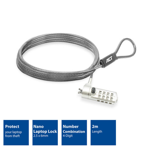 Cable de Seguridad Nano 2.5 x 6 mm de 2 mts con Candado de Combinacion para Portatil ACT