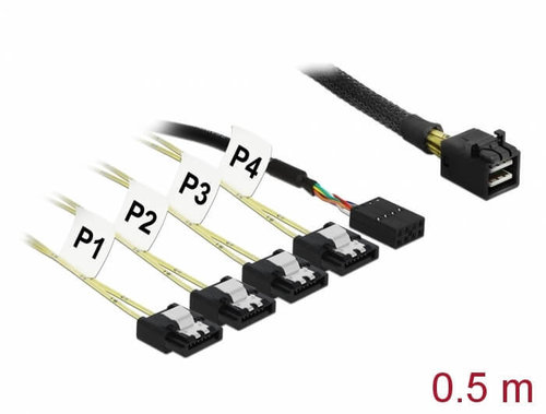 Cable Mini SAS HD SFF-8643 <-> 4 x SATA 7 pin Reverse + Sideband 0.5 m Delock
