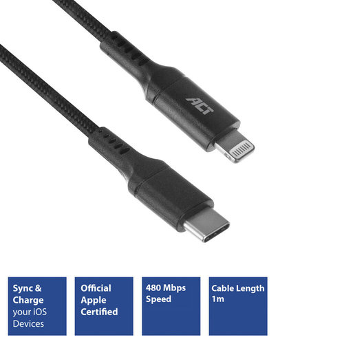 Cable USB 2.0 CM <-> Apple Lightning Macho 1 mts Certificado MFI Negro ACT