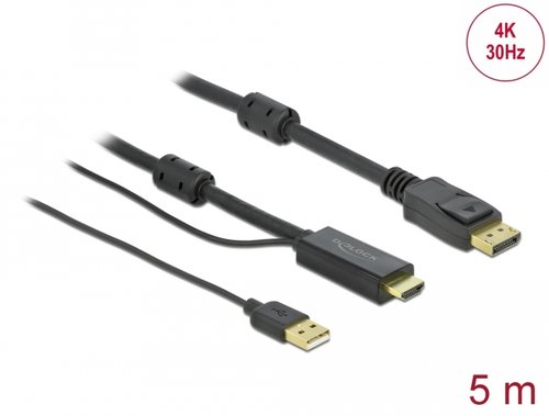 Cable HDMI A M -> DisplayPort M + Ali. USB A M 4K 30 Hz de 5 m Delock