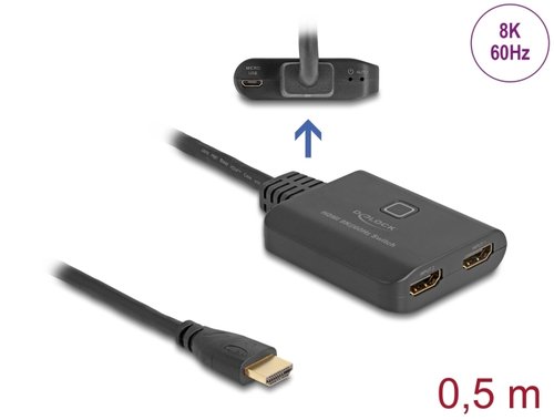 Conmut. HDMI 8K 2x AH -> 1x AM + USB Micro BH Power con cable integrado de 50 cm Delock